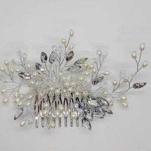 Silver Hair Comb - Pearls Crystals & Beads